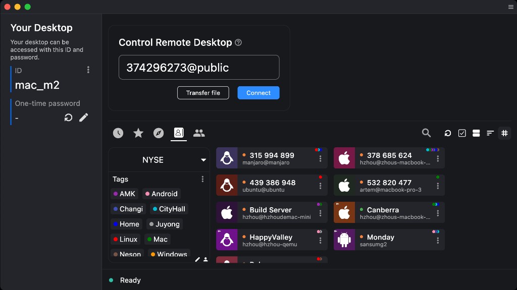 Voorbeeld: RustDesk hoofdscherm, linksboven staat uw ID onder Your Desktop