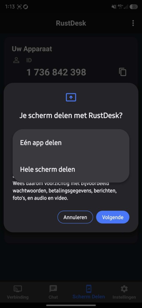 Android: Hele scherm delen geselecteerd, tik Volgende
