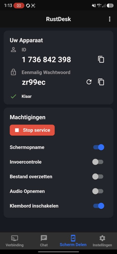 RustDesk Scherm Delen: status Klaar met ID en Eenmalig wachtwoord zichtbaar