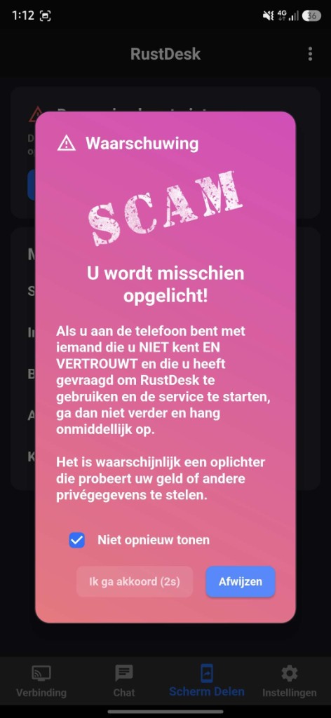 RustDesk waarschuwing: wacht op de countdown en tik op Ik ga akkoord als u zelf support contacteerde