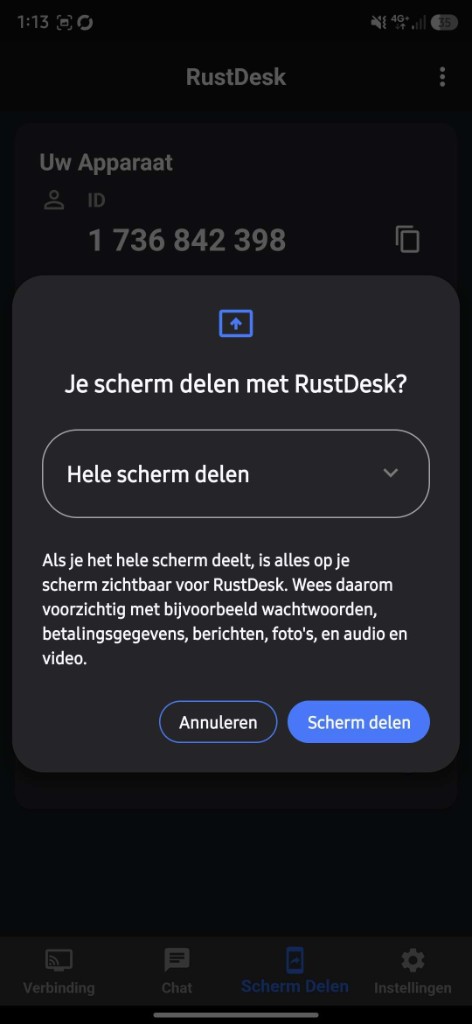Android: bevestig met Scherm delen