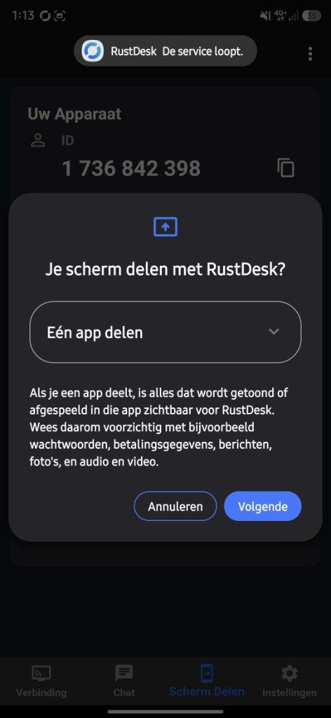 Android: Je scherm delen met RustDesk, kies Hele scherm delen
