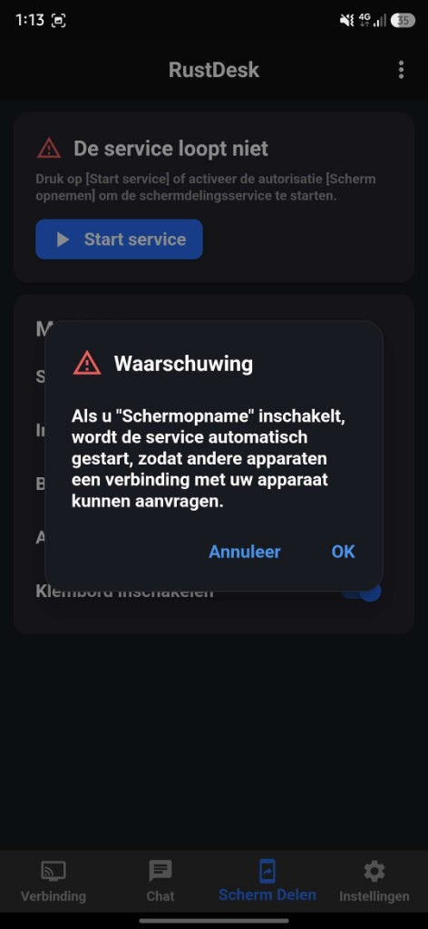 RustDesk waarschuwing over Schermopname, tik OK