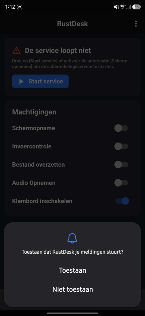 RustDesk Scherm Delen: De service loopt niet, tik Start service en kies Toestaan bij meldingen